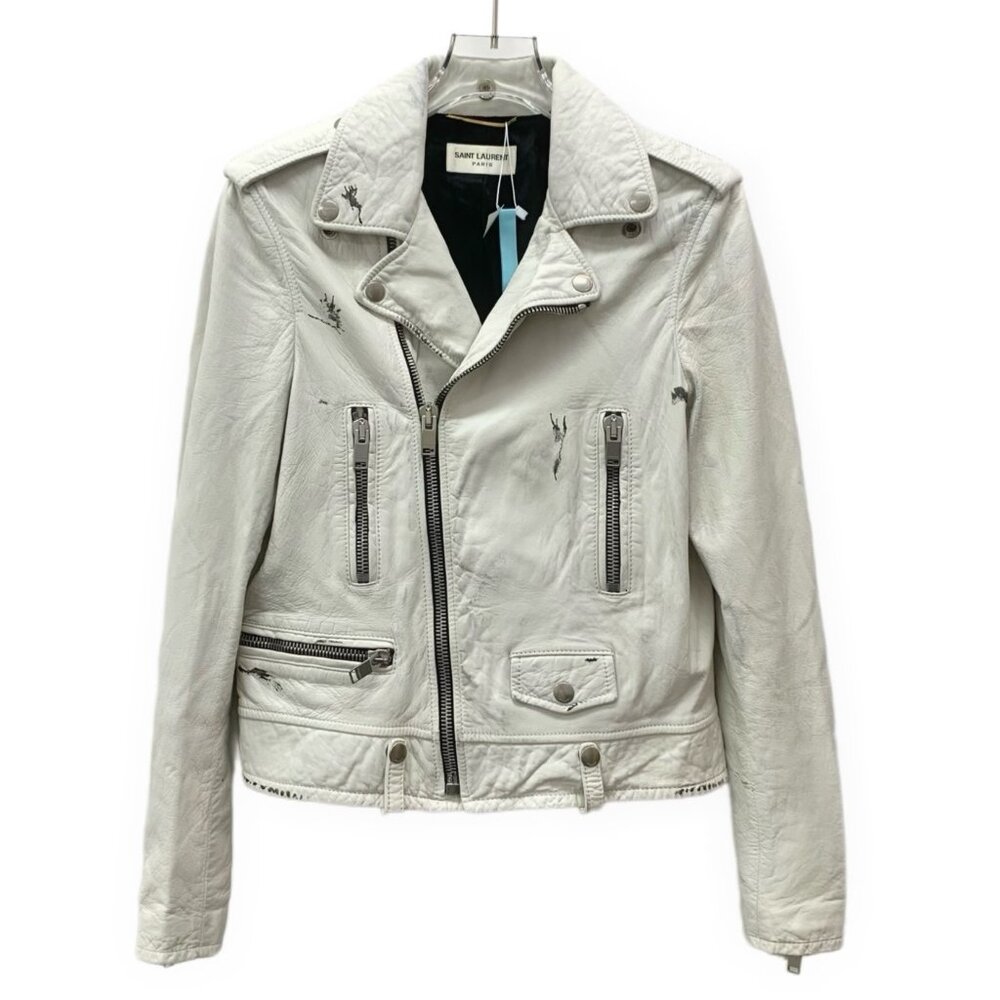 Saint Laurent White Lambskin Leather Zip-Up Jacket